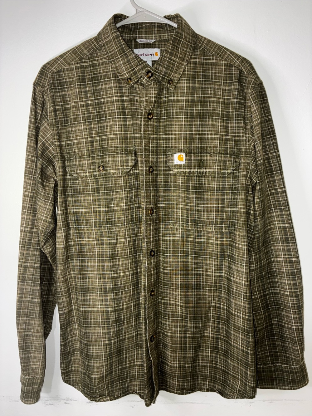 Carhartt Olive Green Plaid Button-Down Work Shirt